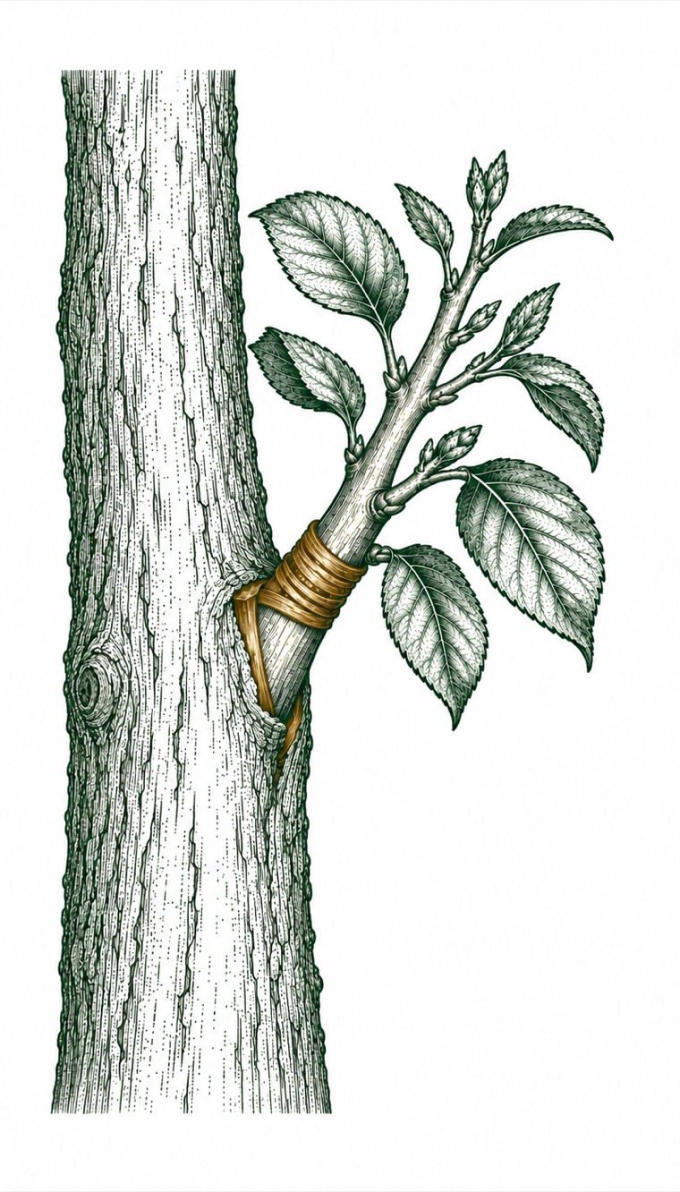 Engraving of a young branch grafted onto a mature tree trunk